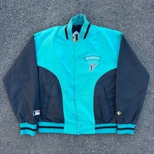 Vintage MLB Florida MARLINS #1 Apparel Bomber Jacket Embroidered Blue Medium